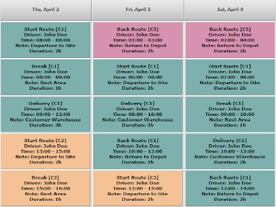 Driver schedule with detailed information about the time, duration, destination and location.