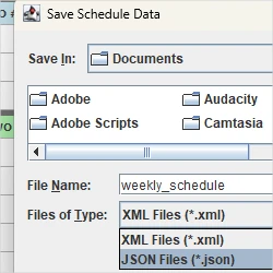 A save file as dialog in Java Swing that saves the serialized schedule as an XML or JSON file.