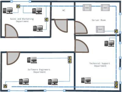 An office floor plan created with the JavaScript diagram library, showing the layout of desks, computers, and network equipment.