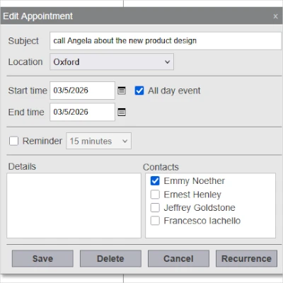 The appointment form in the JavaScript scheduling library.