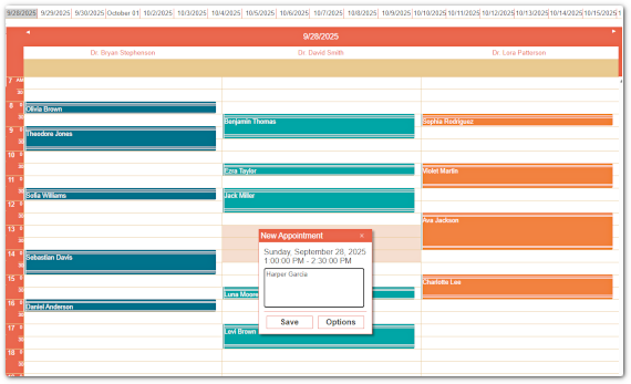 An interactive appointment timetable rendered by the JavaScript schedule library.