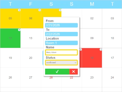 A monthly booking schedule for a hotel with custom colors.