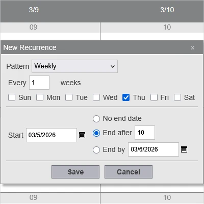 The event recurrence form in MindFusion JS scheduler