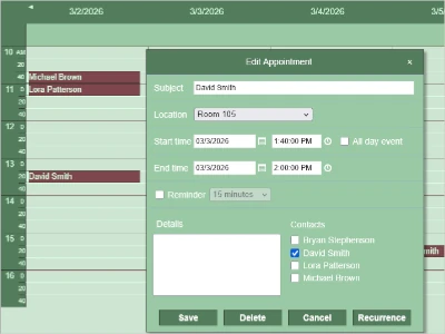A schedule for distribution of rooms and reachers with the JavaScript scheduler by MindFusion