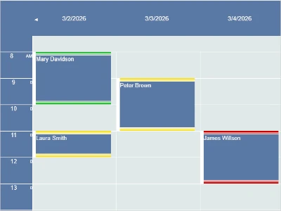 A ski classes timetable rendered by MindFusion JavaScript scheduler.