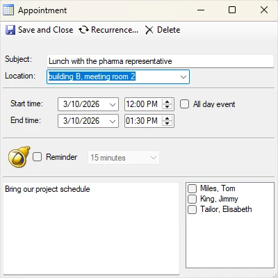 The appointment form integrated in the WinForms Scheduler offers an easy UI to manage events.