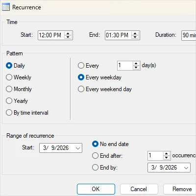 The form for creating recurrent events in the WinForms Schedule library