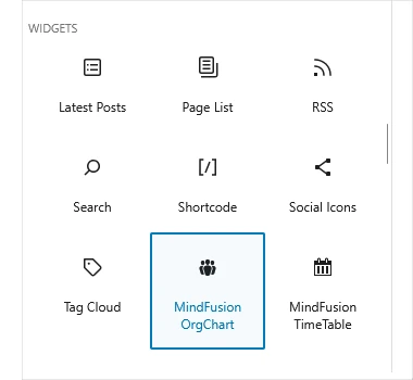 An image of the WordPress Add block with the widget section.