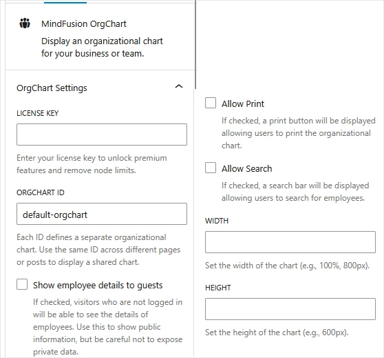Settings for the Org Chart WordPress plugin by MindFusion Editor