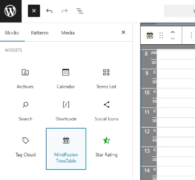 An image of the WordPress Add block with the widget section.