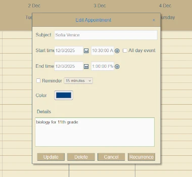 The Edit Appointment dialog that is rendered when the user selects cell in Admin Mode in MindFusion WordPress Scheduler.