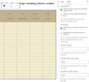 An image of the block properties for the Timetable plugin in the WordPress editor.
