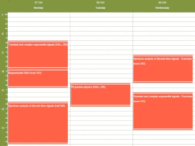 A weekly university schedule for a 3rd-year engineering group, showing classes and exercises, created with the WordPress timetable plugin.